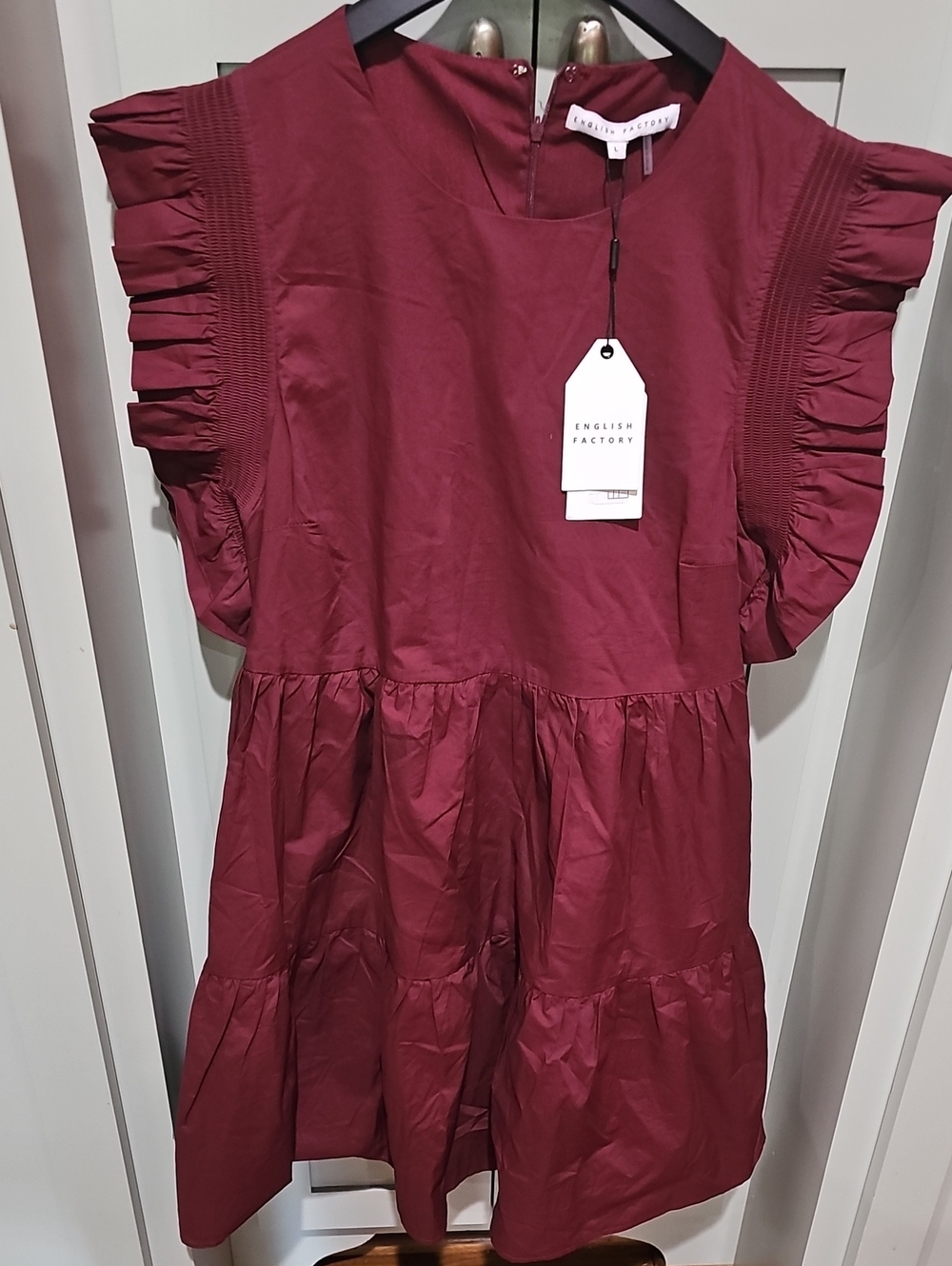 English Factory  Wine Ruffle Sleeve Tiered Dress - Picture 2 of 8